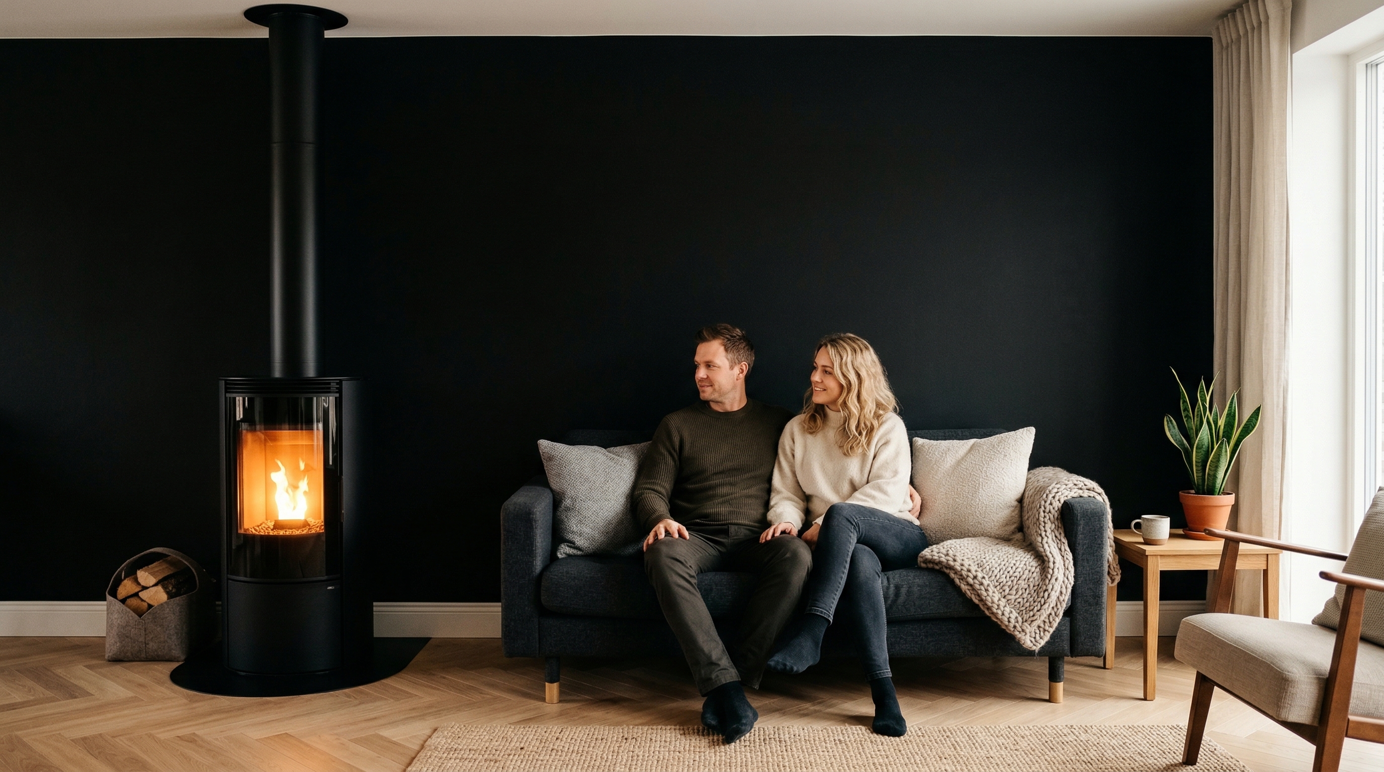 Couple dans un salon avec un poêle à granulés
