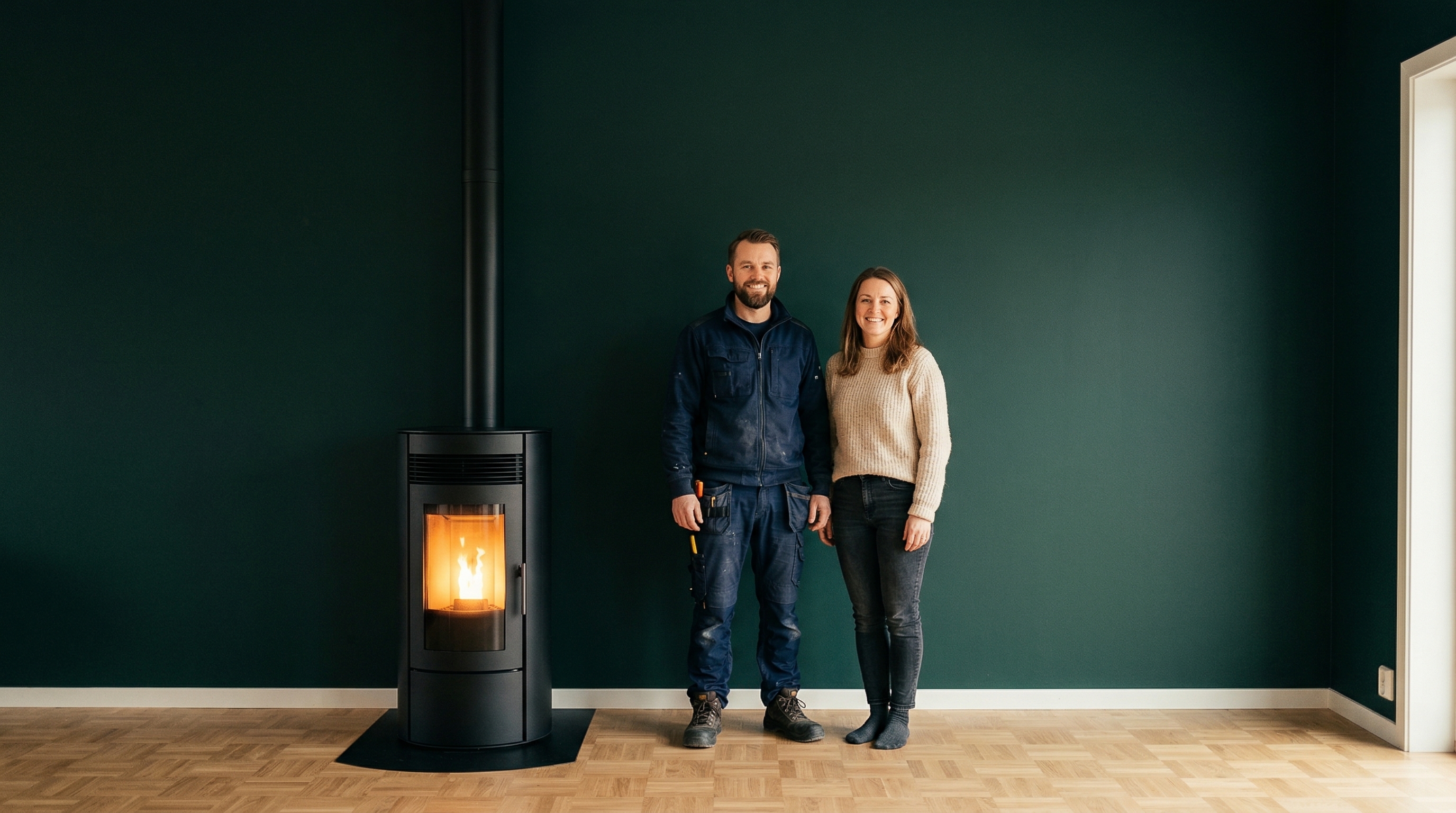 Artisan RGE et client devant un poêle installé