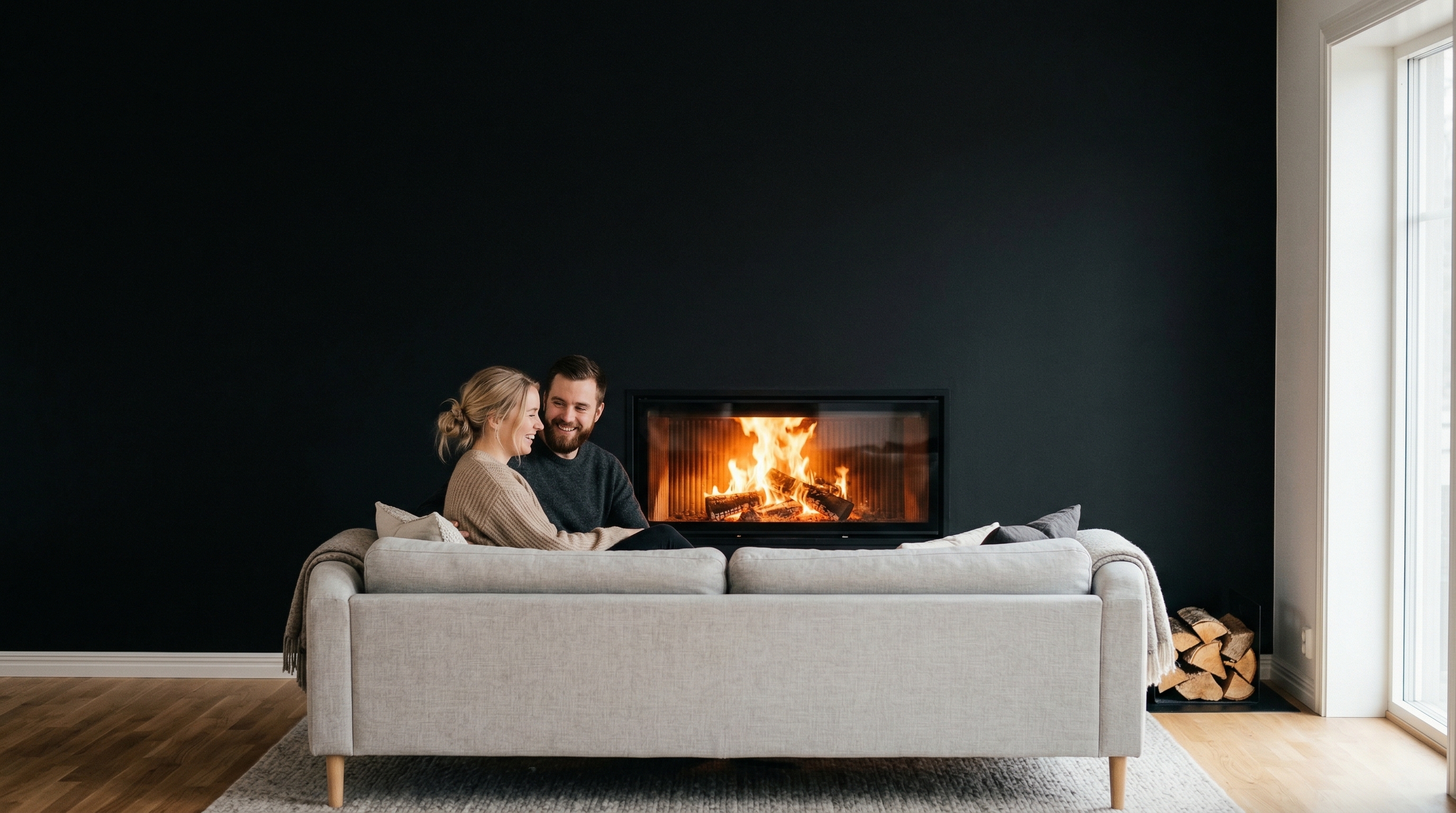 Couple dans un salon avec un insert cheminée
