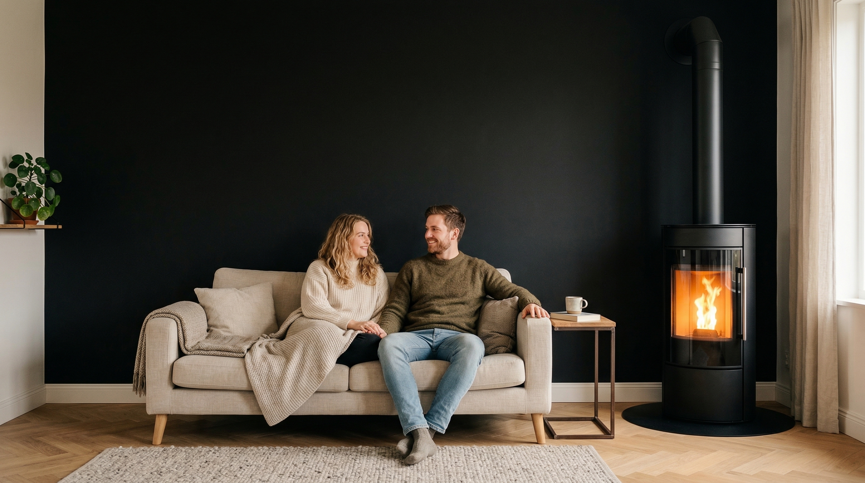 Couple dans un salon chauffé par un poêle à pellets